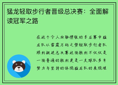 猛龙轻取步行者晋级总决赛：全面解读冠军之路
