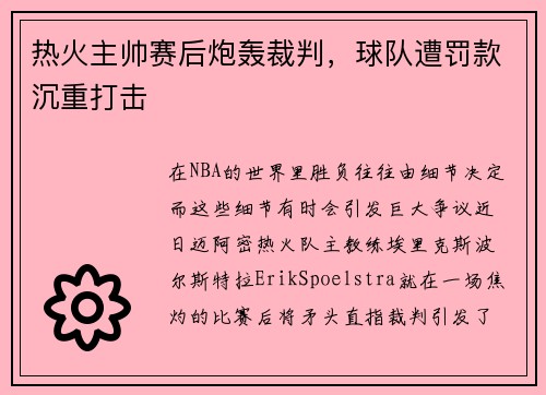 热火主帅赛后炮轰裁判，球队遭罚款沉重打击